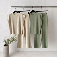 Ensemble tricoté d'été pour femme – Haut sans manches à col rond et pantalon taille haute à jambes larges – Style minimaliste uni en polyester – Longueur complète 30-50