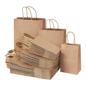 Embalagem kraft marrom para restaurante, vários tamanhos, sacola portátil para viagem com alça, saco de papel natural 21x11x27, salada de frango frito para crianças