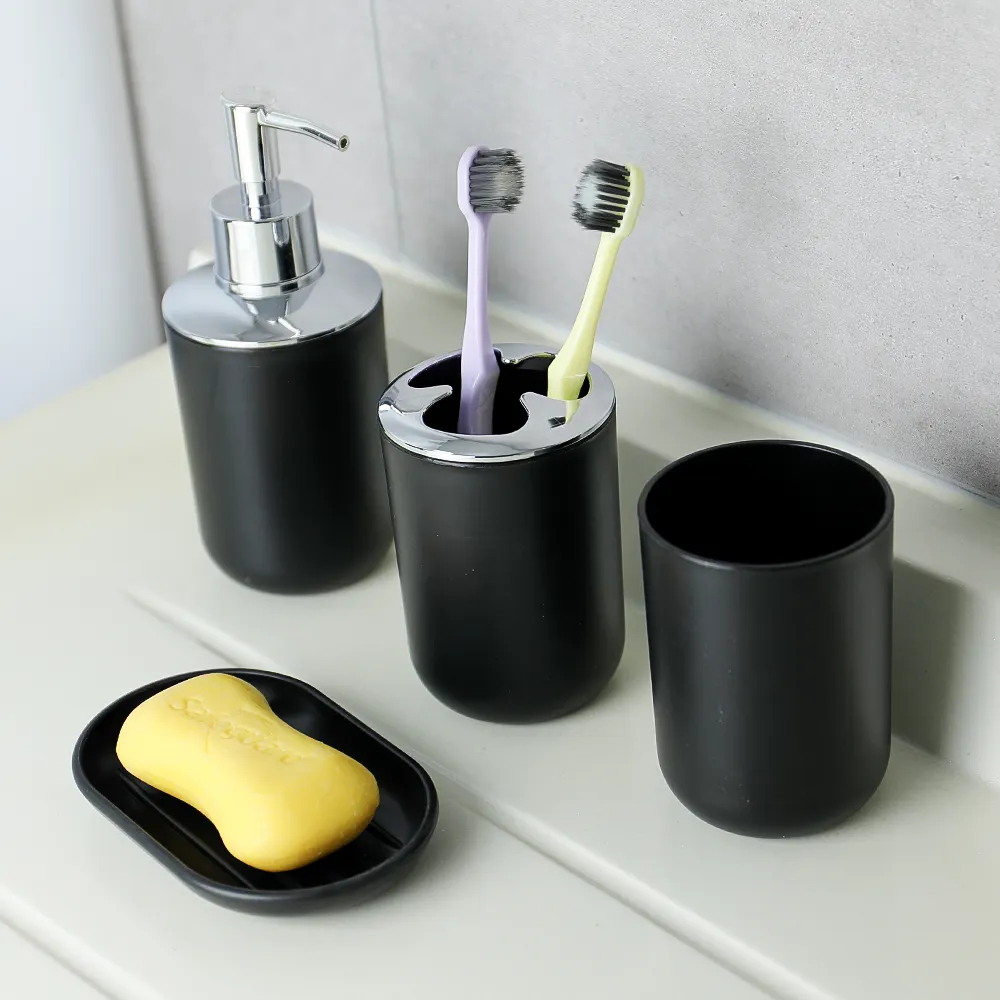 Low MOQ Cheap Black 4 Piece Plastic Bathroom Accessories Set With Soap Dispenser Toothbrush Holder Cup Soap Dish