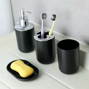 Juego de accesorios de plástico para baño, dispensador de jabón, soporte para cepillo de dientes, taza, plato de jabón, barato, negro, bajo pedido, 4 piezas