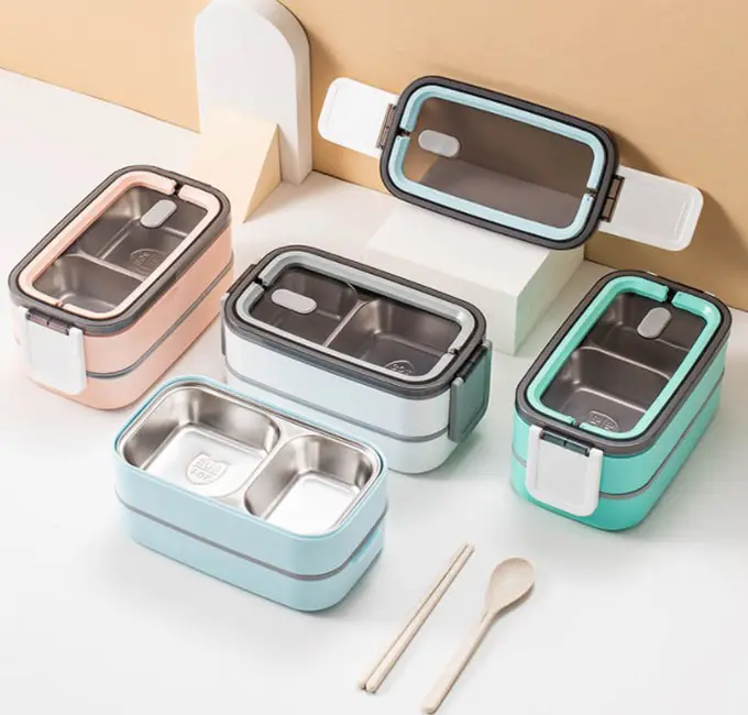 Portable Plastic Kids Lunch Box Stainless Steel Lunch Box Double Layer Bento Lunch Box for Kids
