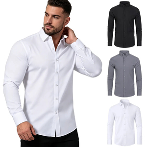 Chemise homme slim fit à manches longues boutonnée, blanche, noire, grise, décontractée et habillée, en coton tissé, infroissable, col cranté - Product Image 1