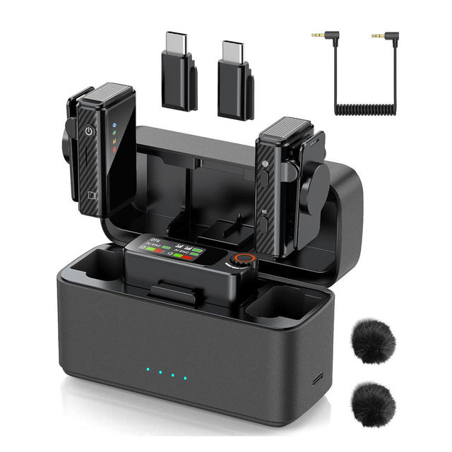 Lavaliere Microphone Wireless for Iphone/Android Ai Noise Canceling Clip-On Mic With Charging Case Magnetic Dual Micr for Phone