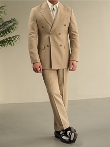 Blazer da <span class=keywords><strong>Uomo</strong></span> Italiano Napoletano <span class=keywords><strong>Doppiopetto</strong></span> a Righe Kaki, Vestito Classico Slim Fit Casual - Product Image 2