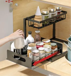 China Supplier Pull-out Rack Organizer 2 Tier Spice Kitchen Under Sink Basket Storage Rack