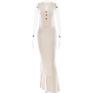 Women's <b>Knitted</b> Vest And Skirt Two Piece <b>Set</b> Solid Color Metal Decoration Casual Suit For Leisure Four Seasons Polyester Fabric - Product Image 5