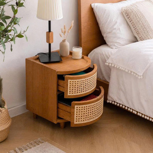 Mesa de Noche de Teca y Ratán con Dos Cajones, Diseño de Mediados de Siglo, Mueble de Dormitorio, Gabinete de Almacenamiento, Color Natural - Product Image 2
