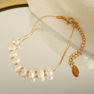 Collar de Perlas de Agua Dulce para Mujer, Chapado en Oro de 18K, Acero Inoxidable, Ovalado, Blanco, Joyería para Uso Diario - Product Image 1