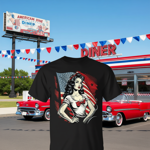 Camiseta Vintage Pin-Up Girl con Diseño de Bandera Americana, Negra, Cuello Redondo, Manga Corta, Promocional para Hombre - Product Image 3