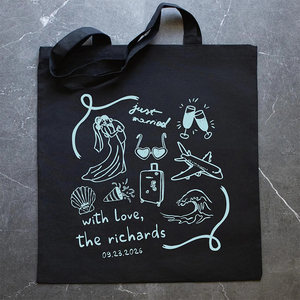 ของชำร่วยงานแต่งงานแบบกำหนดเอง ลายวาดสไตล์ท่องเที่ยวและชายหาด ของชำร่วยงานแต่งงานส่วนตัว กระเป๋าผ้าแคนวาสแบบกำหนดเองสำหรับคู่บ่าวสาว - Product Image 2