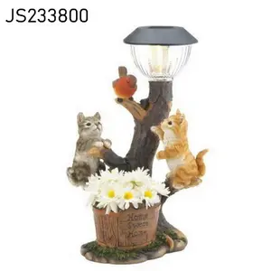 Estátua de gato para esculturas, casa, exterior, com luzes solares e vaso de planta, decoração engraçada, jardim, luzes para presentes