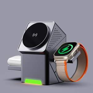 แท่นชาร์จไร้สายแม่เหล็ก <span class=keywords><strong>3</strong></span> in 1 กำลังไฟ 15W แบบพับได้ ดีไซน์ RGB สไตล์ Mecha สำหรับโทรศัพท์ สมาร์ทวอทช์ และหูฟัง - Product Image 1