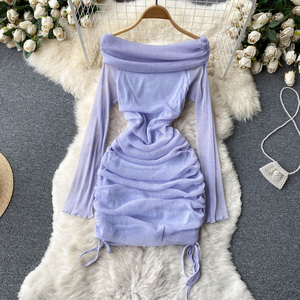 Váy Xếp Li Dây Rút Dài Tay Cổ Áo Một Dòng Gợi Cảm Tùy Chỉnh Váy Ôm Sát Lưới Lấp Lánh Cho Nữ Che Mông - Product Image 2