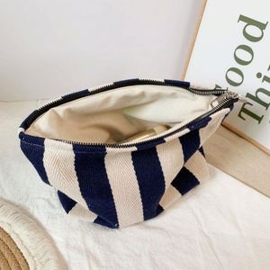 Custom Classic Striped Canvas Women's Eco-Friendly Large Foldable Cosmetic Pouch Zipper Portable <b>Storage</b> for Travel Makeup - Product Image 2