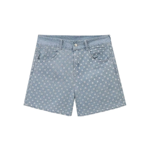 Shorts en jean d'été brodés de fleurs pour femme, taille haute, mélange de coton, effet déchiré, légers et confortables, design personnalisé - Product Image 1
