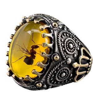 Toptan Moda Vintage İki Renkli Çoklu Renkler Suudi Arabistan El Yapımı Gümüş Oval Kesim Değerli Taş Sarı Akik Yüzükler Erkekler İçin - Product Image 4