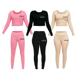 Custom Loungewear Vrouwen Sets 2023 Skinny Geribbelde Top En Leggings Sport Outfits Geribbeld Gezellig Loungekleding Vrouwen Tweedelige Broek Set