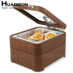 Huadison <span class=keywords><strong>restaurante</strong></span> suministros Sapele madera mini rectángulo buffet calentador de alimentos <span class=keywords><strong>cuatro</strong></span> litros platos de frotamiento con tapa de vidrio - Product Image 4