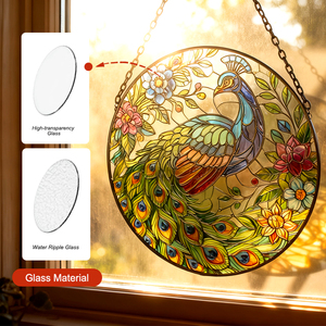 Stained Glass Art Deco Peacock Suncatcher Round Glass <b>Panel</b> & Metal Chain Window Hanging Home Decor - Product Image 2