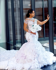 S1061F    2026  <span class=keywords><strong>Robe</strong></span> de mariée sirène luxueuse en dentelle de style arabe Aso Ebi, grande taille, fleurs, cristaux, étages, satin - Product Image 6