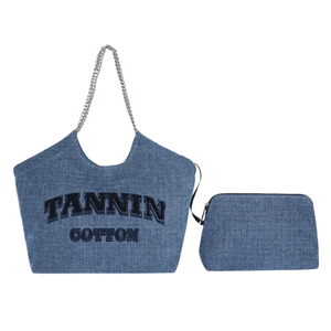 Large Capacity Denim Tote <b>Bag</b> Solid Color Shoulder <b>Bag</b> Eco-friendly Button Closure All Seasons Daily Use - Product Image 1