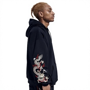 Sweat-shirt à capuche en coton noir surdimensionné pour homme, style chinois, broderie de dragon, avec poche et broderie à la main - Product Image 6