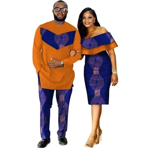 Dashiki Bazin Riche printed cotton couple dress of Women's printed one-shoulder dress and Men's T-shirt suit of Africa clothing