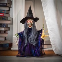 Nouveautés Halloween : Sorcière Animatronique Sautante Effrayante avec Capteur de Mouvement et Son Activé pour Maison Hantée, Parc d'Attractions, Fête