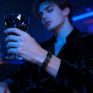 Brazalete de Cuero Genuino con Bucle Infinito de Acero Inoxidable Plateado Negro de Alta Calidad, Joyería para Hombre - Product Image 6