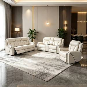 Sofá Reclinable de Cuero Beige Resistente y Duradero Frank con Consola, Mueble para Sala de Estar o Estudio - Product Image 1