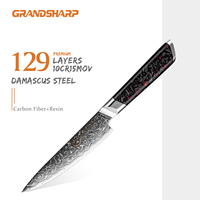 Grandsharp 5 inch keukenmes, 129-laags Japans damaststaal, met zwart carbon fiber+hars handvat