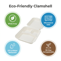 3-delige suikerrietbagasse clamshell voedselbox, biologisch afbreekbaar, composteerbaar, voor afhaalmaaltijden, picknick en kamperen