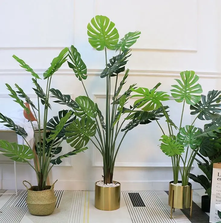 고품질 진짜 터치 10 나뭇잎 pu 소재 인공 monstera 화분 실내 가짜 소재 식물