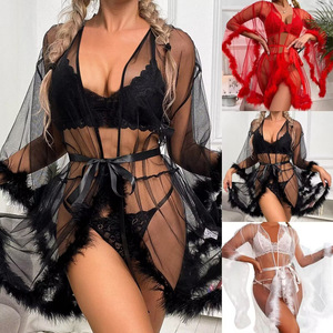 Lencería sexy al por mayor, éxito de ventas transfronterizo entre Europa y América, camisón transparente con bordes sin rematar y aberturas, talla grande. - Product Image 1