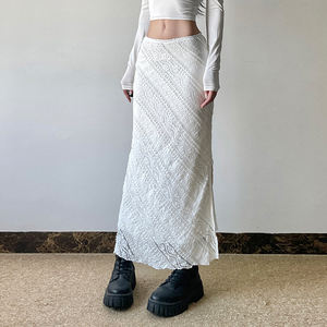 Falda Midi de Encaje de Cintura Alta, Elegante, Ajustada, Falda Larga de Encaje Blanco, Informal de Verano, para Vacaciones - Product Image 5