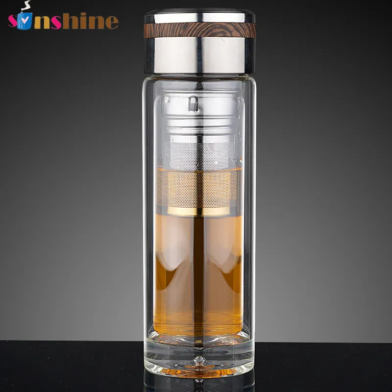 11OZ Double Wall Insulated Glass Travel Water Bottle Tea Infuser Bottle with Stainless Steel Filter