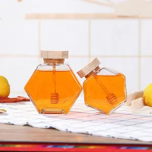 High-Grade Hexagonal Wood Cover Honey JarとStirring Rod Glass Jars For Honey