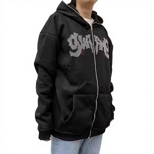 Men's <b>Black</b> Rhinestone <b>Hoodie</b> <b>Zipper</b>-Up Oversized Hip Hop Sweatshirt Front Logo Knitted Cotton Regular Sleeve Autumn Style - Product Image 2