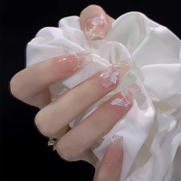 Faux ongles à presser forme cercueil moyenne, 24 pièces, avec base rose nude, French manucure pailletée, fleur 3D, nœud et perle, en ABS, pour filles