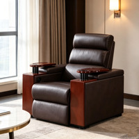 Fauteuil inclinable électrique individuel en cuir marron pour home cinéma VIP avec table d'appoint en bois et porte-gobelets intégrés