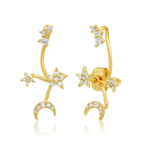 Gemnel special unique design jewelry gold plated pure silver cubic zircon moon and star ear jacket earrings
