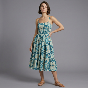 Vestido Midi Bohemio Estampado Geométrico para Mujer, Corte en A, Cintura Imperio, 100% Seda, Estilo Casual - Product Image 1