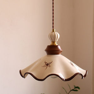 Retro Hand Painted Ceramic Pendant <b>Light</b> Cream Color With Brown Trim Single Head For Home Dining Room Bedroom Entryway - Product Image 1