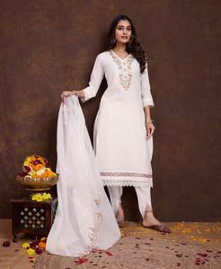 Robe traditionnelle indienne en viscose Offwhite brodée, séchage rapide, style pakistanais, Kurta, pantalon tulipe, dupatta, vêtements de fête en coton - Product Image 6