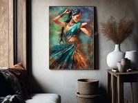 Art mural indien Belle femme Peinture de danse folklorique Dame royale indienne Art pour le salon Décoration de la maison