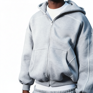 Sweat-shirt en molleton gris à capuche et fermeture éclair pour homme, coupe classique, couleur unie, vêtement décontracté, saison automne, 100% coton, matière tricotée - Product Image 1