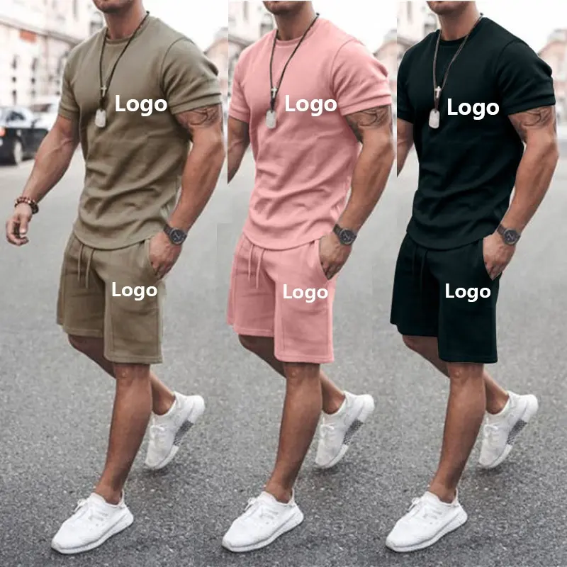 Setelan olahraga pria dengan Logo kustom musim panas kaus katun supima Set kaus lari cepat kering pas badan celana joging hitam kaus pria