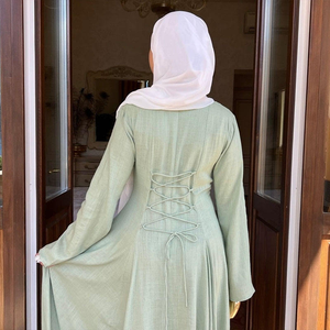 A vita alta Eid Abaya modesto abito di lino Abaya Dubai Turkey Kimono Abayas Kaftan Maxi modesto abito da donna - Product Image 3