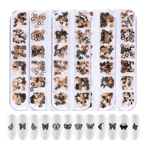 Paso Sico <span class=keywords><strong>2021</strong></span> 24 diseños 12 espacios en blanco Metal mixto patrón pequeño remache Retro colores Flor Mariposa corazón estrella Nail Art diseño 3D - Product Image 1