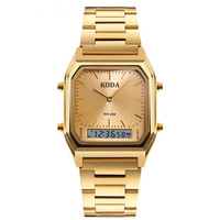 Montre numérique à double fuseau horaire LED1519 avec logo personnalisé, bracelet en acier inoxydable rectangulaire de luxe, largeur 20 mm, couleur or, boîtier en alliage unisexe
